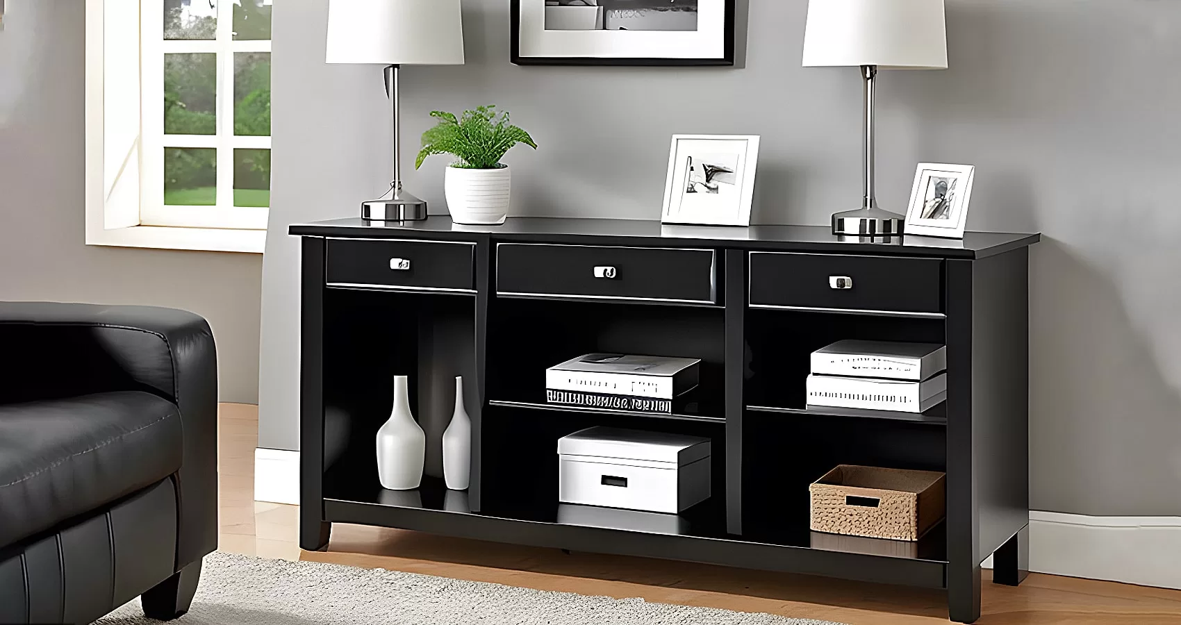 Black Sofa Table with Shelves