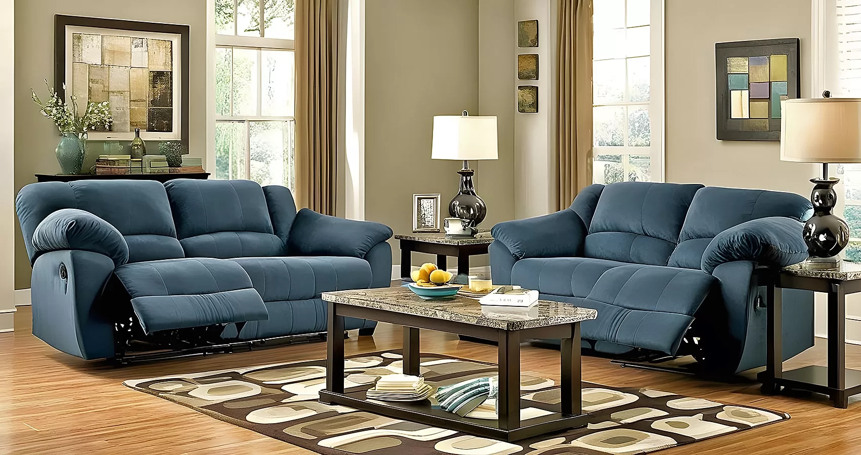 Blue Sofa with Recliner 