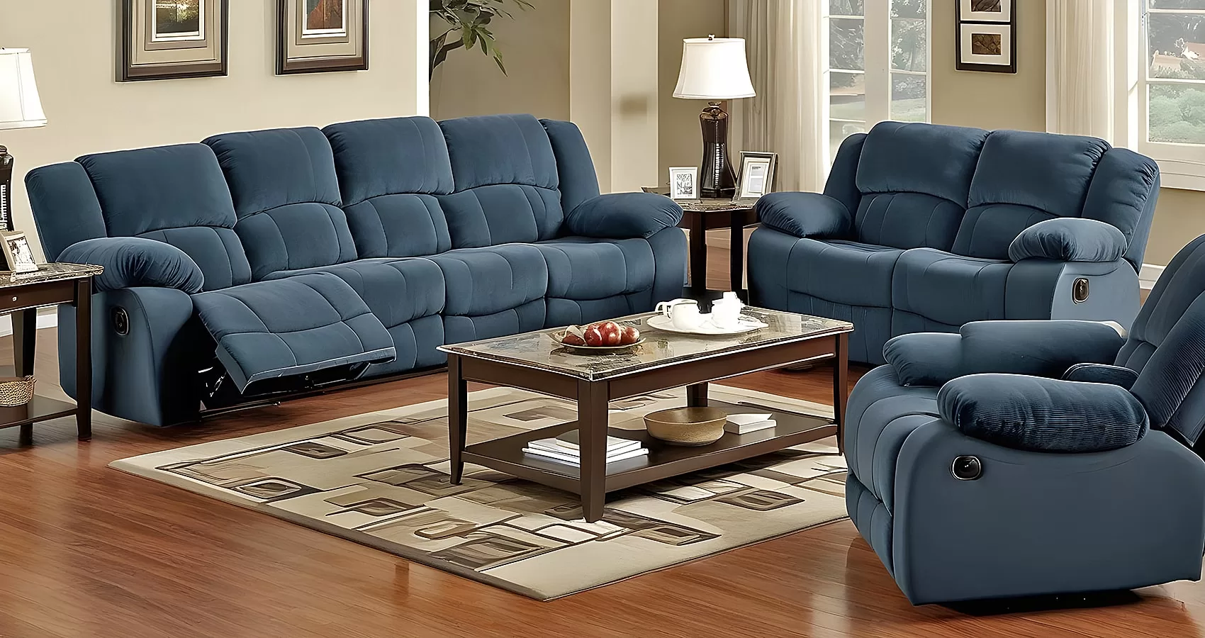 Blue Sofa with Recliner 