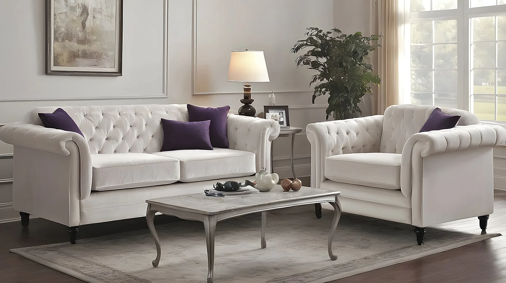 White Velvel Loveseat Sofa in Living Room